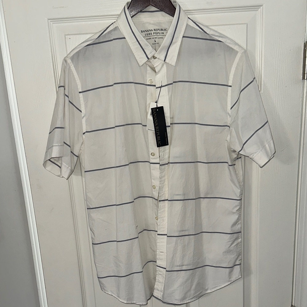 Banana Republic Men's White and Blue Striped Shirt